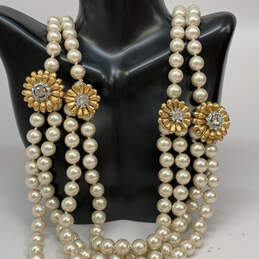 Designer J. Crew Gold-Tone Flower Multi Strand Pearl Beaded Necklace