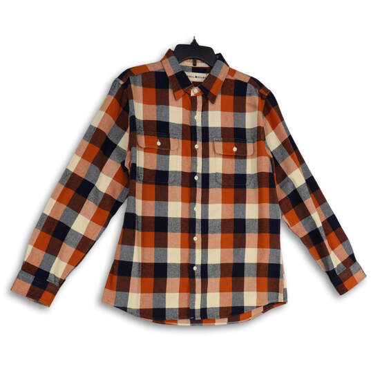 Mens Blue Orange Plaid Long Sleeve Flap Pocket Button-Up Shirt Size Large image number 1