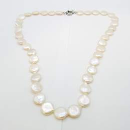 Silver Tone Pearl Button 22 In Necklace 41.4g