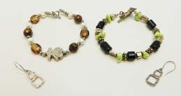 Tous & Artisan 925 Textured Squares Drop Earrings & Teddy Bear Tigers Eye Dichroic Glass Pearl Magnesite & Granulated Bead Toggle Bracelets 43.5g