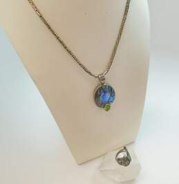 Artisan 925 Abalone & Peridot Pendant Necklace & Butterfly CZ Ring 37.0g alternative image