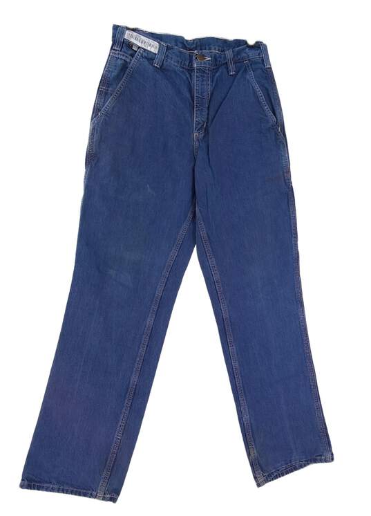 Men's Blue Denim Medium Wash Pockets Casual Straight Jeans Size 30 image number 1