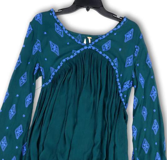 Womens Green Blue Embroidered V-Neck Long Sleeve Tunic Blouse Top Size XS image number 3