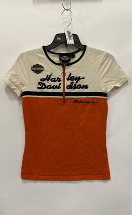 Harley-Davidson Womens Orange Beige Colorblock 1/4 Zip Motorcycle T-Shirt Size S
