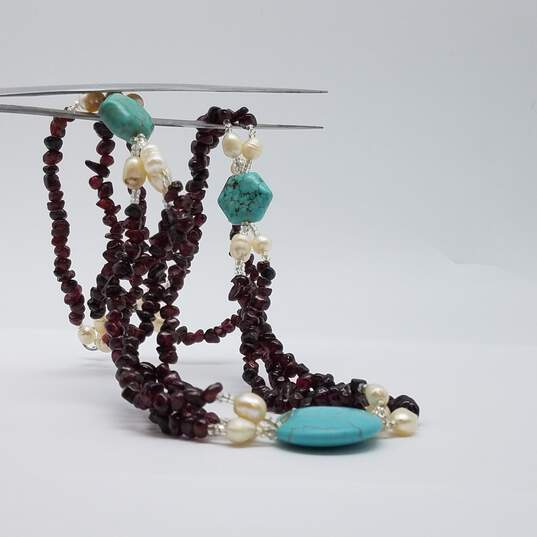 Sterling Silver Garnet Turquoise Fw Pearl Triple Strand Link Necklace 70.3g image number 3