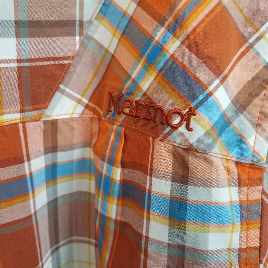 Marmot orange and blue plaid button up short sleeve shirt men's XL image number 4