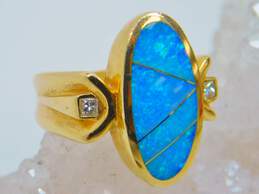 14K Yellow Gold 0.16 CTTW Princess Cut Diamond & Inlay Blue Opal Ring 10.7g alternative image