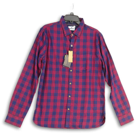 NWT Mens Red Blue Check Spread Collar Long Sleeve Button-Up Shirt Size M image number 1