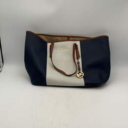 Michael Kors Womens Blue White Leather Double Handle Inner Pocket Tote Bag Purse