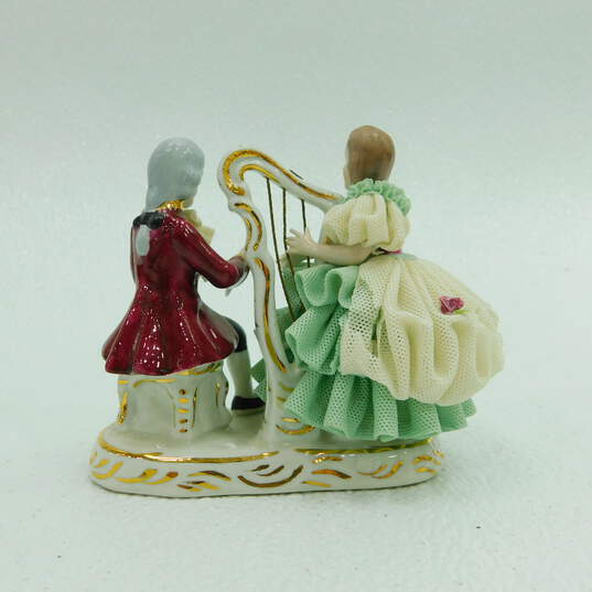 Vintage Dresden Style Porcelain Lace Figurine Couple With Harp Germany image number 3