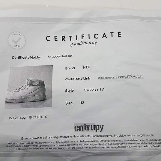 AUTHENTICATED COA Nike Air Force 1 Triple White Mid Men's Sneakers Size 13 image number 8