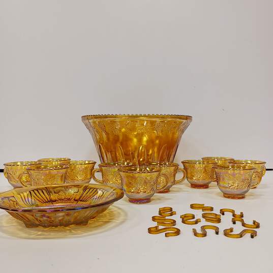 Yellow/Amber Iridescent Glass Punch Bowl Set image number 2
