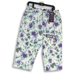 NWT Womens Blue White Floral Classic Fit Flat Front Capri Pants Size 16