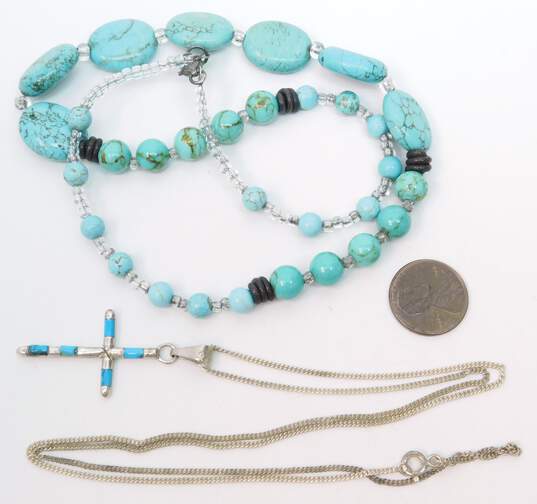 (G) Artisan 925 Faux Turquoise Cross Pendant Chain & Beaded Necklaces image number 7