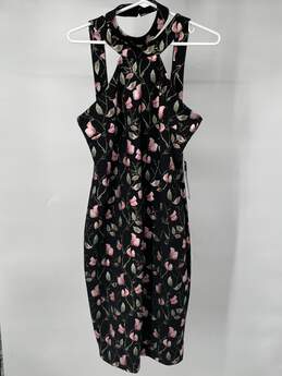 Womens Black Floral Halter Neck Back Zip Sheath Dress Size 10 W-0528922-D