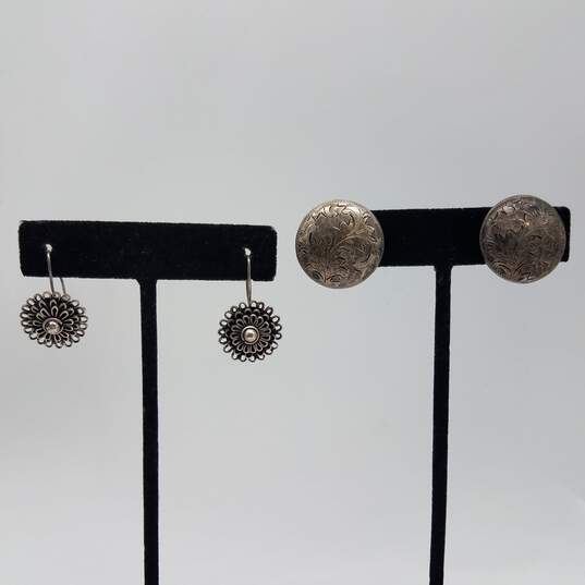 Sterling Silver Etched Clip-On & Flower Dangle Earrings Bundle 2pcs 15.9g image number 1