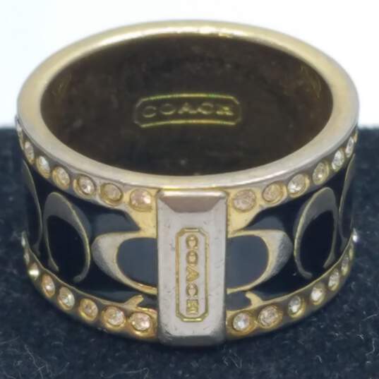 Coach Authentic Gold Tone Black Enamel Crystal 10mm Sz 5.5 Ring W/C.O.A 7.2g image number 1
