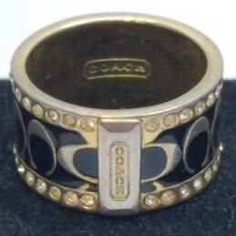 Coach Authentic Gold Tone Black Enamel Crystal 10mm Sz 5.5 Ring W/C.O.A 7.2g
