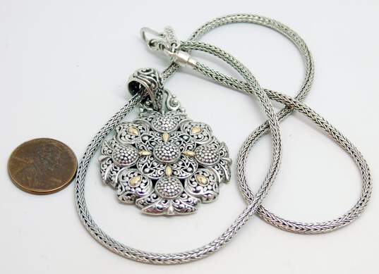 Sarda 925 & 18K Gold Scrolled Granulated & Domed Pendant Foxtail Chain Necklace image number 6