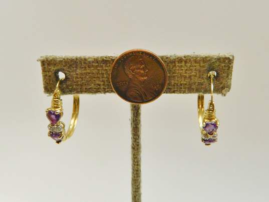 10K Yellow Gold Heart Amethyst Diamond Accent Hoop Earrings 3.6g image number 4