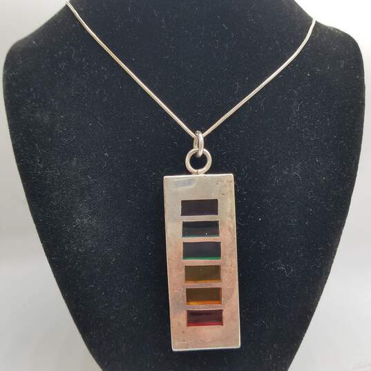 RF Sterling Silver BAR With Rainbow Glass Panels Pendant 25.5" Necklace 23.1g image number 1