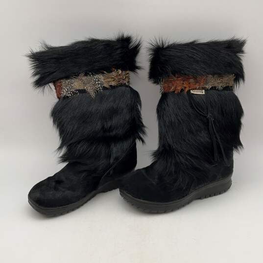 Bearpaw Womens Black Round Toe Mid Calf Goat Fur Winter Boots Size 8 image number 4