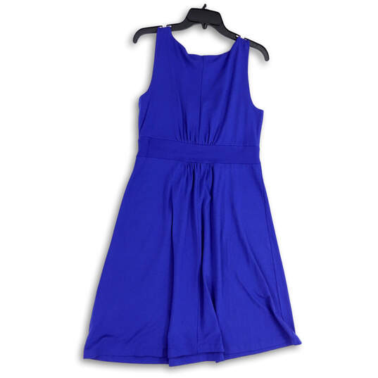 Womens Blue Wrap V-Neck Sleeveless Pleated Knee Length A-Line Dress Sz 6-8 image number 2