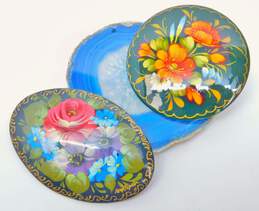 2 - VNTG Russian Hand Painted Lacquer Floral Brooches