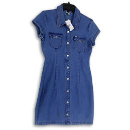 NWT Womens Blue Denim Fronts Pockets Medium Wash Collared A-Line Dress Sz M