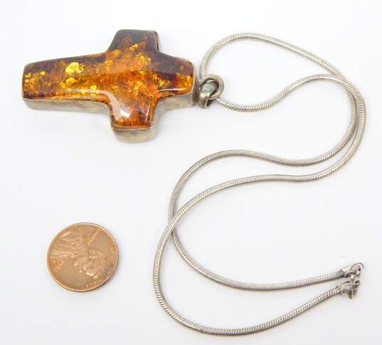 Artisan 925 Amber Cross Statement Pendant Snake Chain Necklace image number 6