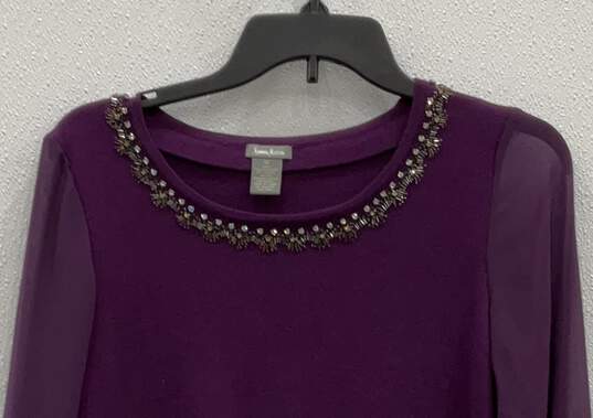 Womens Purple Jeweled Round Neck 3/4 Sleeve Pullover Blouse Top Size Medium image number 3