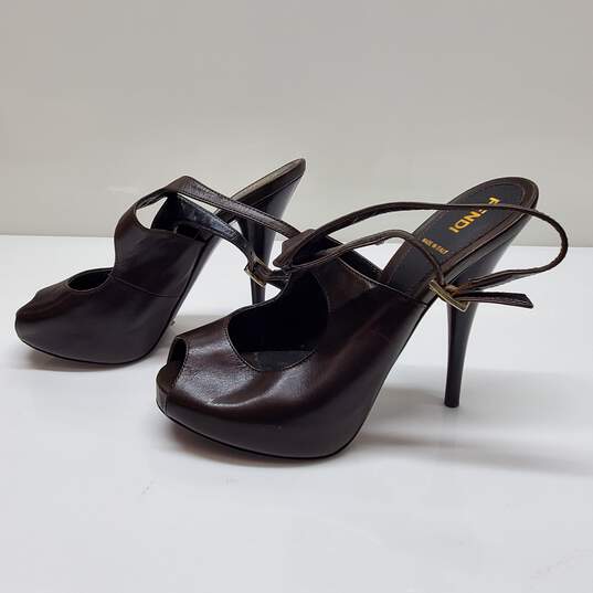 Fendi Dark Brown Leather Peep Toe Slingback Heels Size 37 AUTHENTICATED image number 2