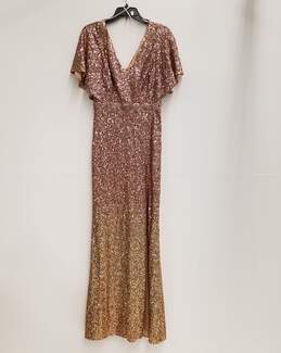 NWT Womens Gold Sequined Short Sleeve V-Neck Back Zip Maxi Dress Size 4