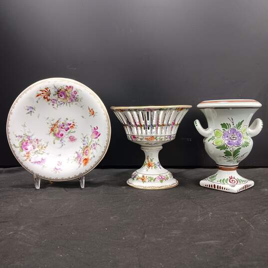 Lot of 3 Vintage Decorative Floral Footed Bowl, Plate & Vase image number 1