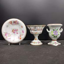 Lot of 3 Vintage Decorative Floral Footed Bowl, Plate & Vase
