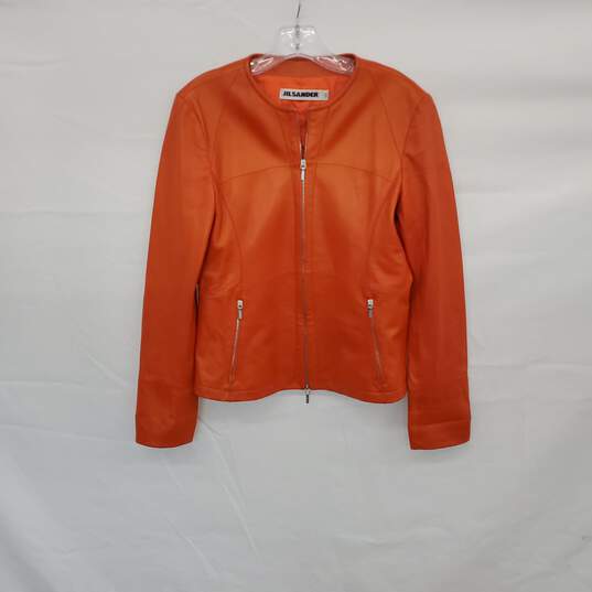Jill Sander Orange Leather Lined Full Zip Jacket WM Size 38 image number 1