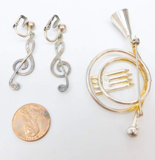 925 Treble Clef Music Note Clip-On Earrings With Taxco French Horn Brooch 21.9g image number 5