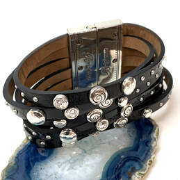 Designer Brighton Silver-Tone Black Leather Rhinestone Studs Wrap Bracelet
