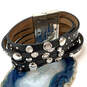 Designer Brighton Silver-Tone Black Leather Rhinestone Studs Wrap Bracelet image number 1