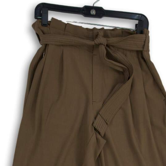 Womens Brown Pleated Waist Tie Zip Pocket Straight Leg Paperbag Pants Size 10 image number 3
