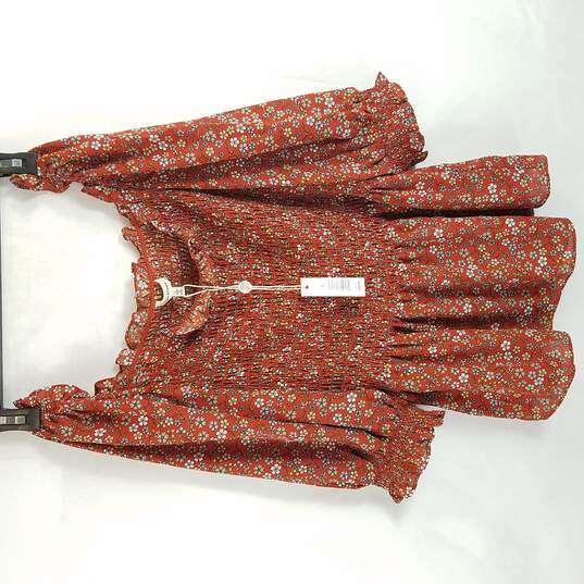 Max Studio Women Rust Floral Shirred Blouse L NWT image number 1