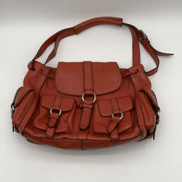 Womens Orange Leather Inner Pockets Adjustable Strap Shoulder Bag