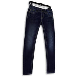 Womens Blue Denim Dark Wash Embroidered Pockets Stretch Skinny Jeans Sz 27