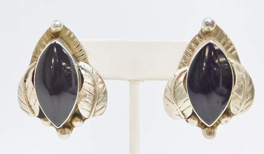 Taxco Mexican Modernist 925 Sterling Silver Onyx Statement Earrings 25.3g image number 4