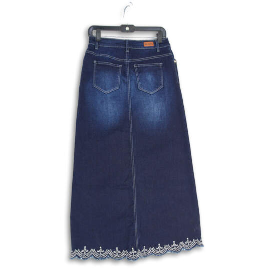 Womens Blue Denim Pocket Embroidered Hem Maxi Skirt Size Small image number 2