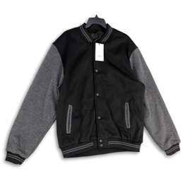 NWT Mens Black Gray Mock Neck Long Sleeve Snap Front Varsity Jacket Sz XXL