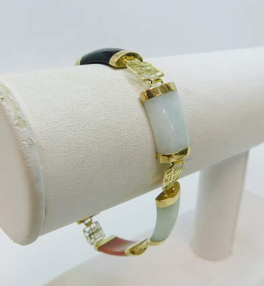 14K Gold Multi Color Nephrite & Onyx Curved Panel Chinese Characters Linked Bracelet 13.7g image number 1