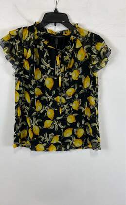 NWT White House Black Market Black Yellow Lemon Print Tie Neck Blouse Top Sz XXS