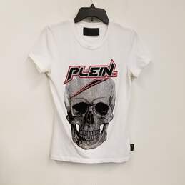 Mens White Skull Print Short Sleeve Pullover Graphic T-Shirt Size Small