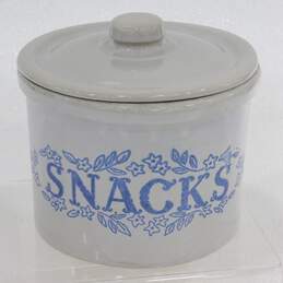 Vintage Stoneware Light Gray Blue Trim Snacks Jar Crock w/ Lid